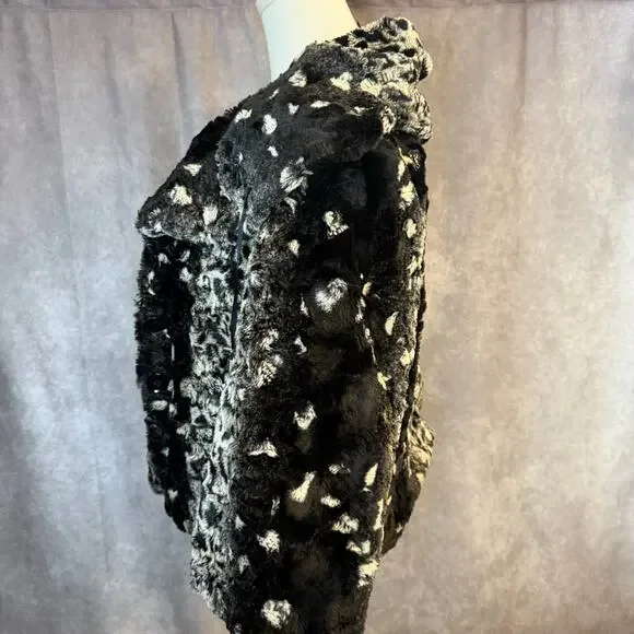 La Seine Black & White Faux Fur Leopard Coat Women’s Large Cropped Winter Jacket - Picture 11 of 14